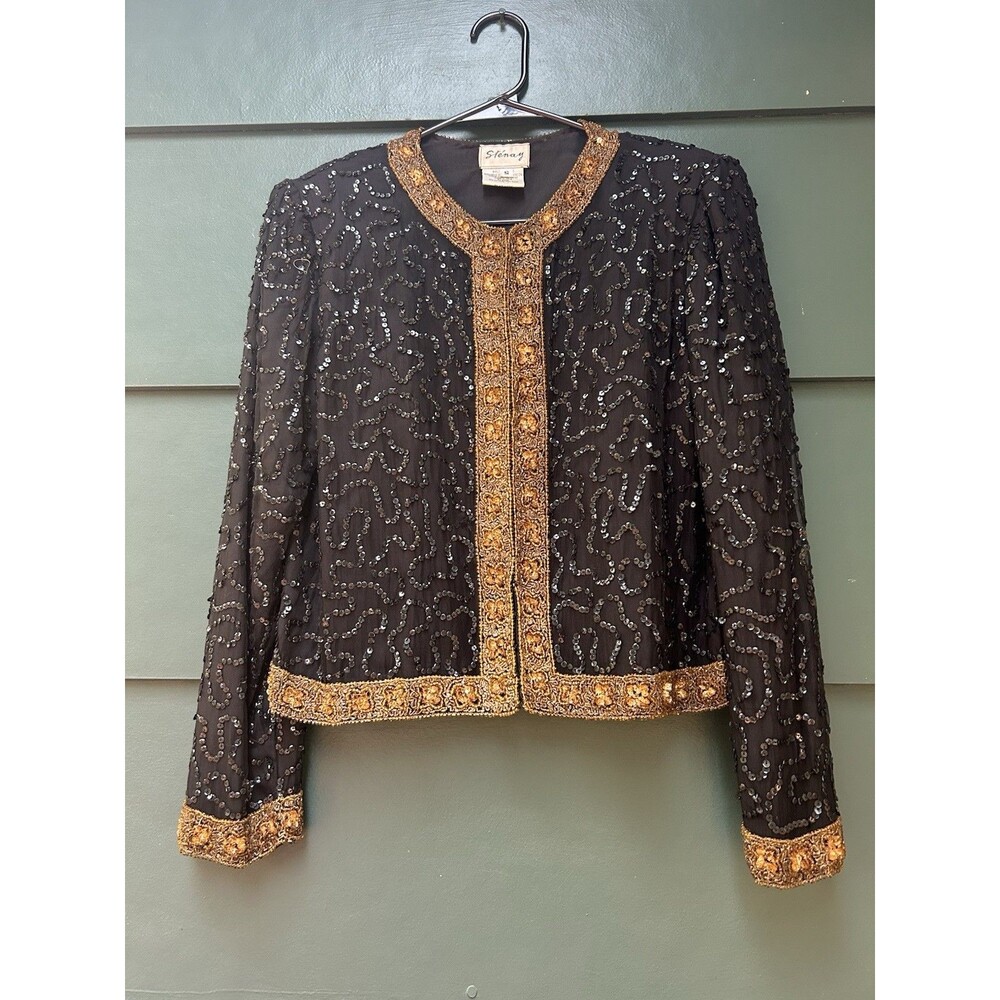 Vintage 80s Stenay Beaded Sequin Jacket Small Silk Black Gold Evening Glam Vampy